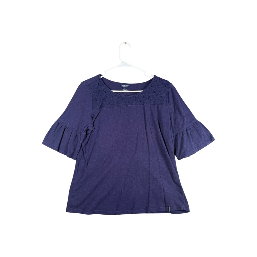 US Polo Assn Purple Lace Yoke Ruffle Sleeve Cotton Top Womens Medium